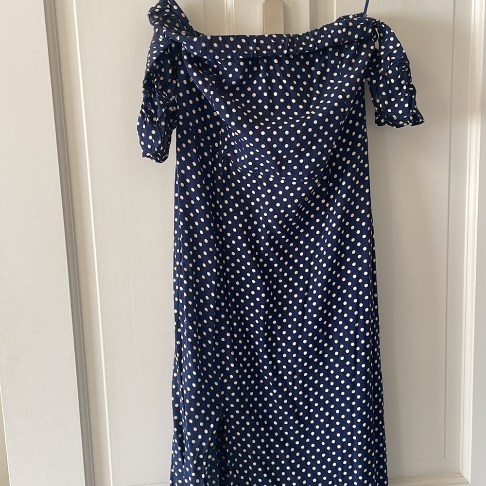 Lulus Dream Love Navy Blue Polka Dot Off-the-Shoulder Maxi Dress - Picture 7 of 10